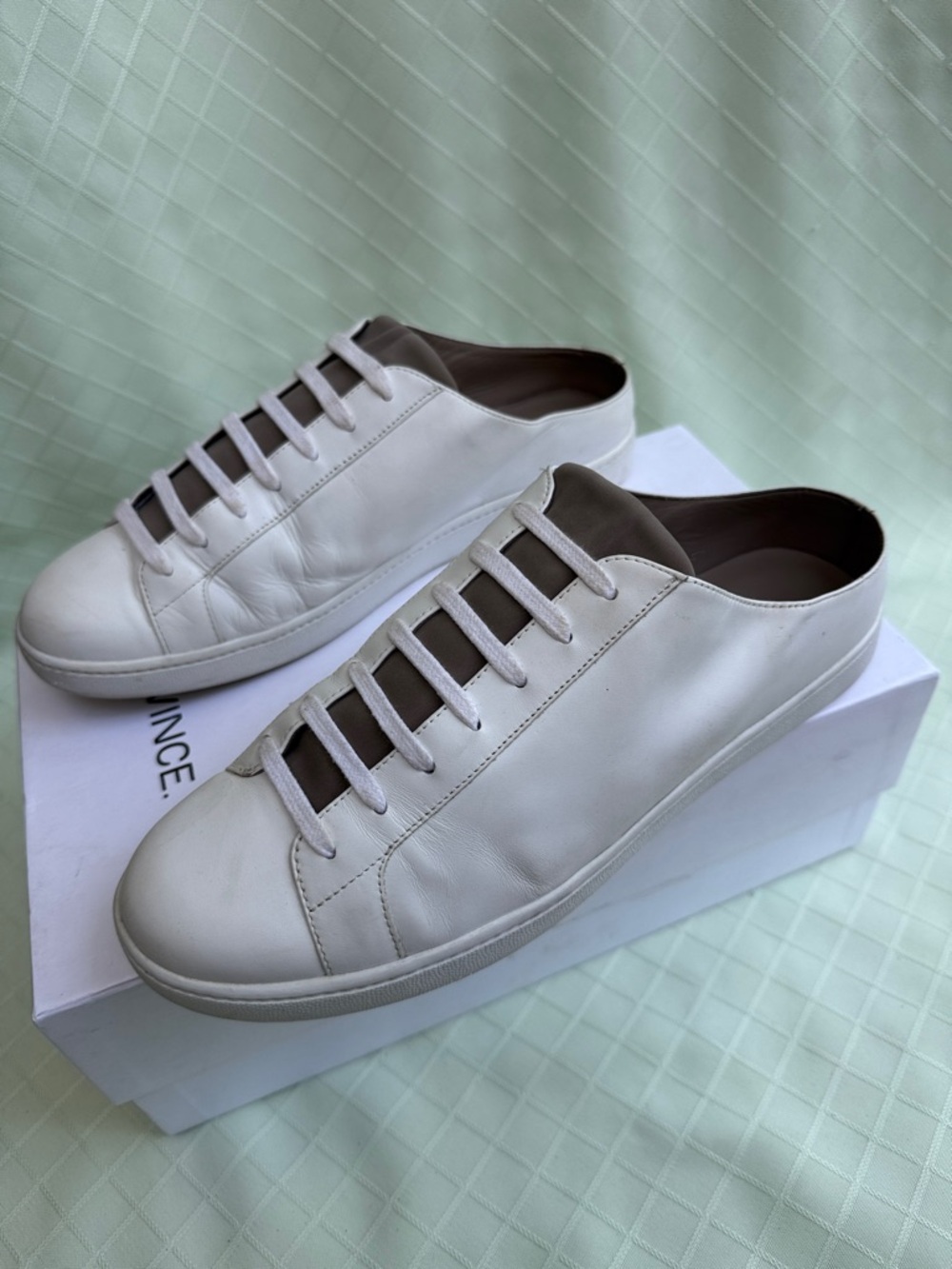 Vince Off White Leather Slip-On Mule Sneakers with Brown Lining in Box